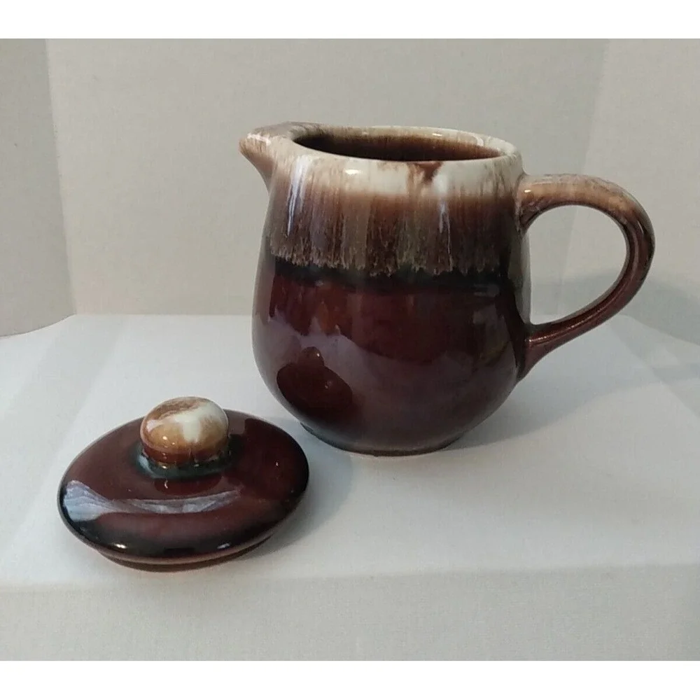Vintage USA Brown Drip Glaze Pottery Teapot & Lid PRETTY!